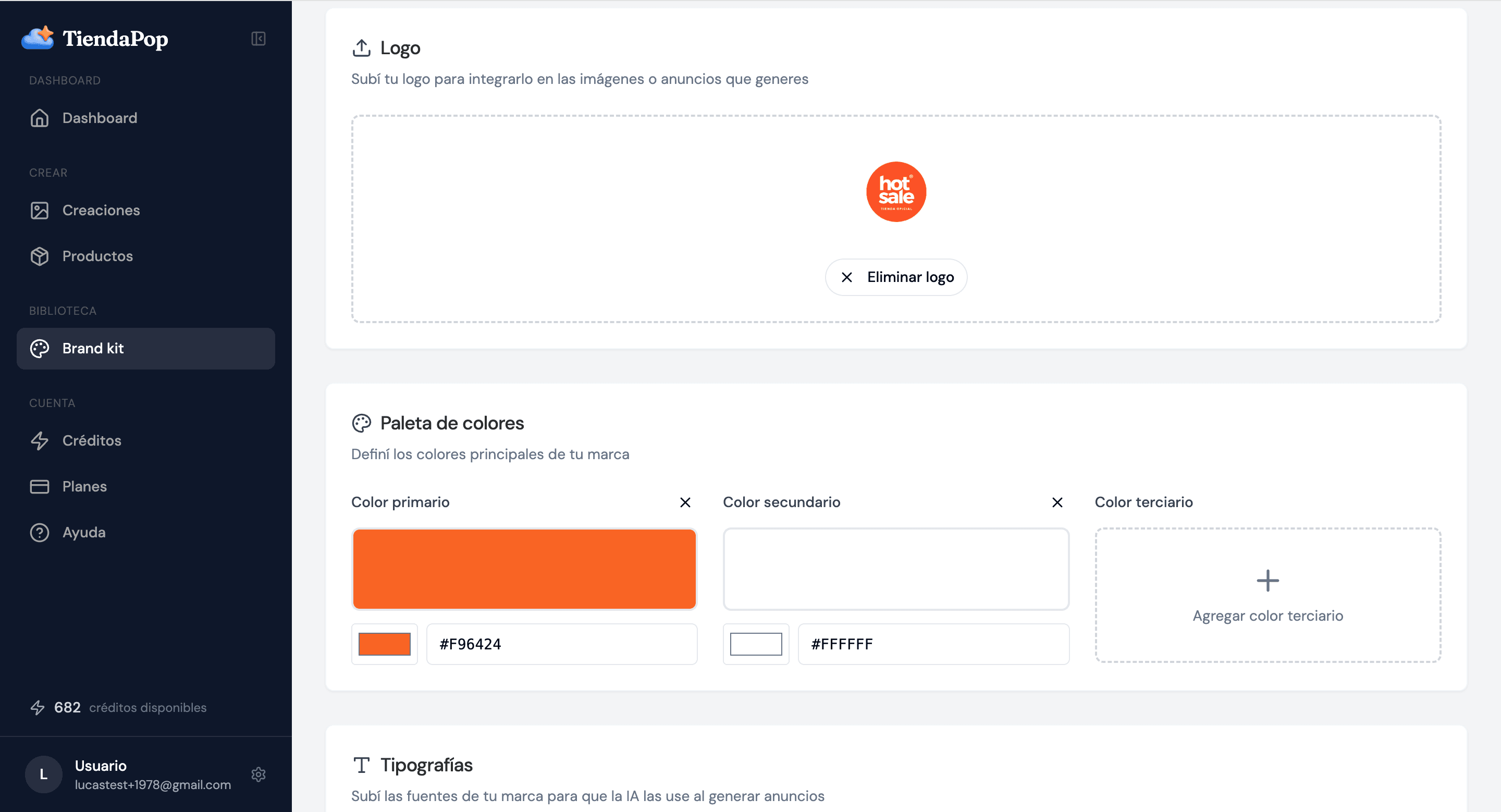 TiendaPop Brand Kit configured with the Hot Sale 2026 visual identity — orange colors, event logo and official CACE typography