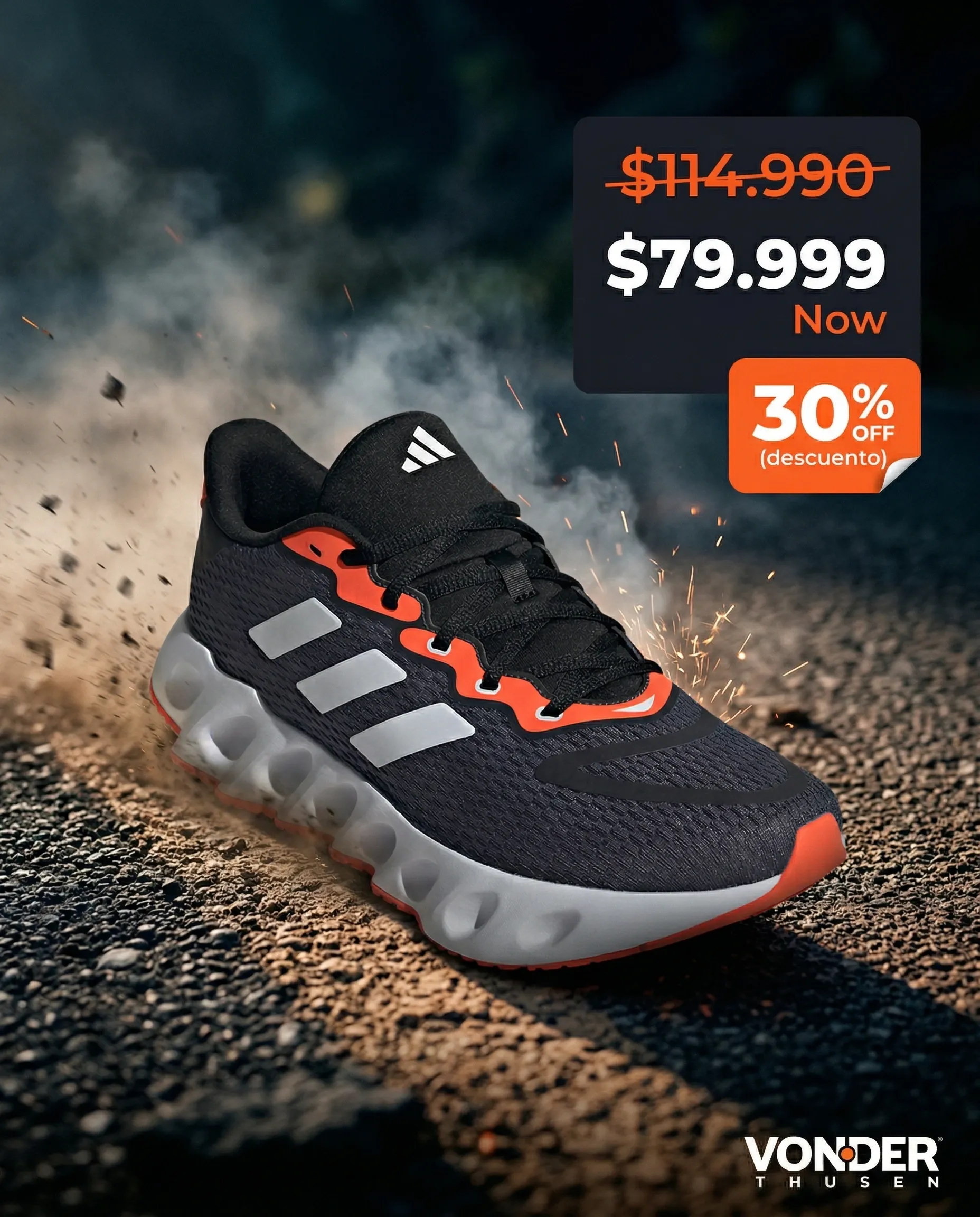 Meta Ads creative generated with TiendaPop — Adidas sneaker in action with Hot Sale price, square format