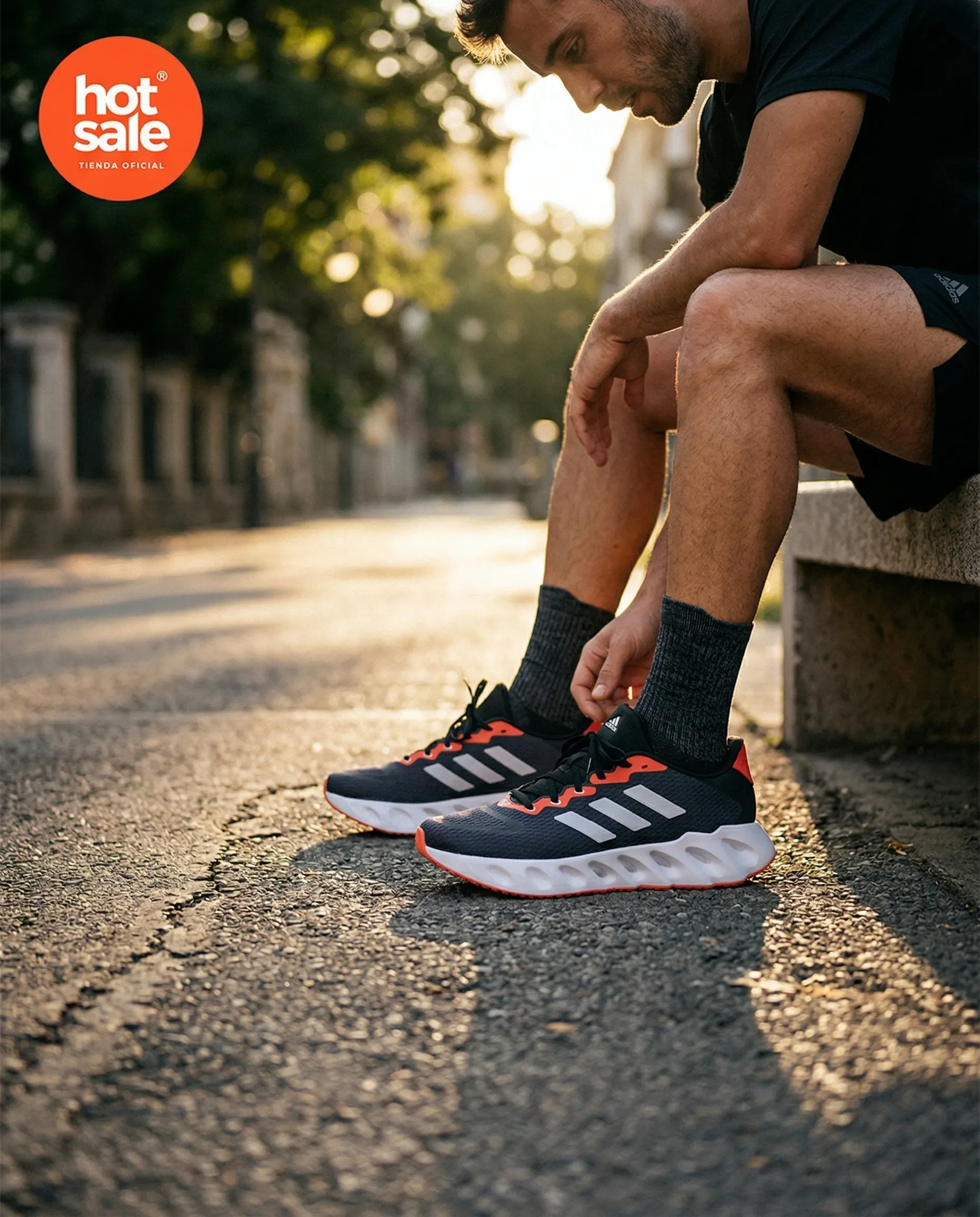 Lifestyle image for ecommerce generated with TiendaPop — Adidas sneaker in urban outdoor setting with Hot Sale badge