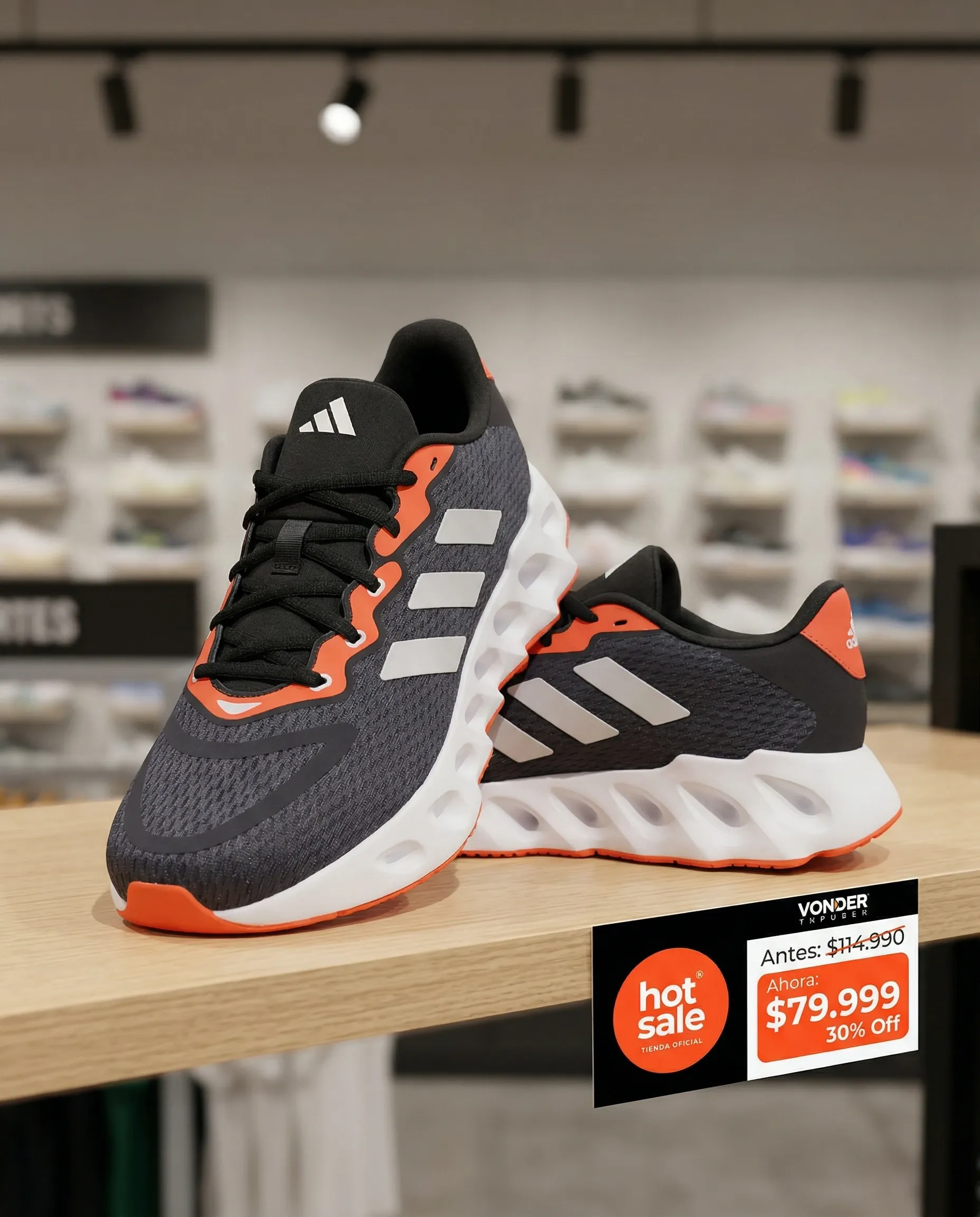 Retail in situ image generated with TiendaPop — Adidas sneaker on table in sports store with Hot Sale price and discount
