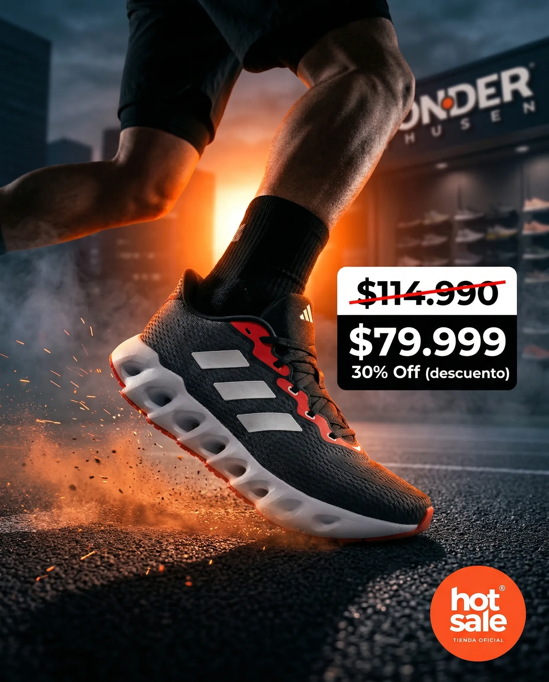 Digital ad creative for Hot Sale generated with TiendaPop — sneaker in action shot with price and discount visible